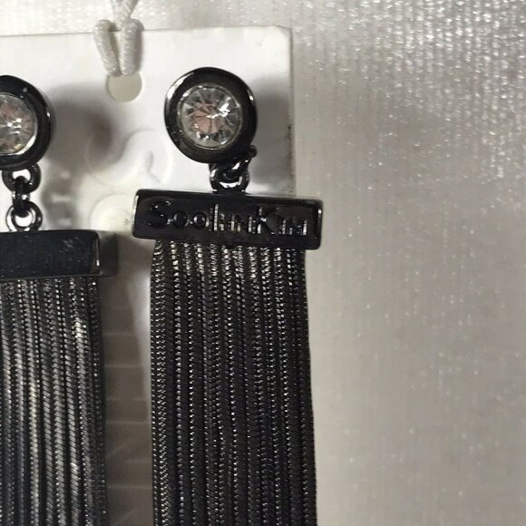 Soo Inh Kim Laine Pierced Post Earrings Black Chain Tassel Fringe Rhinestone - Picture 4 of 7